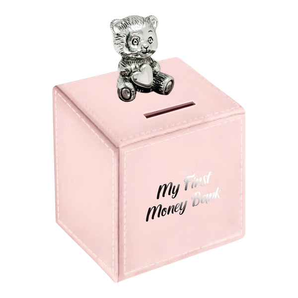 Pink Leather & Silver Teddy Bear Motif Baby Girl My First Money Bank Box