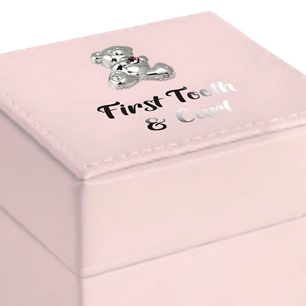 Pink Leather & Silver Teddy Bear Motif Baby Girl First Tooth & Curl Keepsake Box