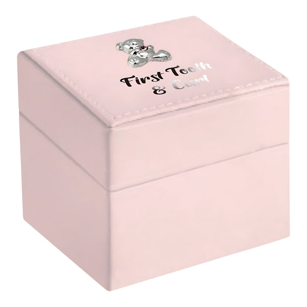 Pink Leather & Silver Teddy Bear Motif Baby Girl First Tooth & Curl Keepsake Box