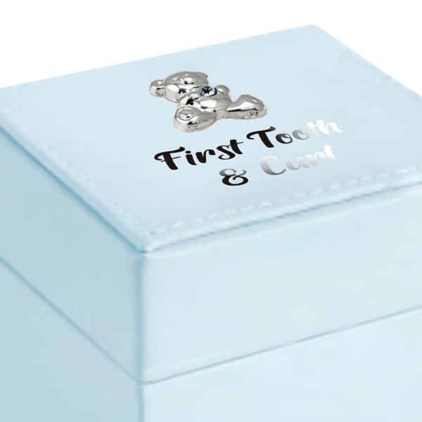 Blue Leather & Silver Teddy Bear Motif Baby Boy First Tooth & Curl Keepsake Box