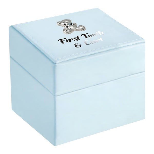 Blue Leather & Silver Teddy Bear Motif Baby Boy First Tooth & Curl Keepsake Box