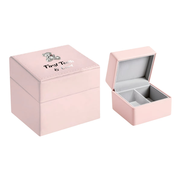 Pink Leather & Silver Teddy Bear Motif Baby Girl First Tooth & Curl Keepsake Box