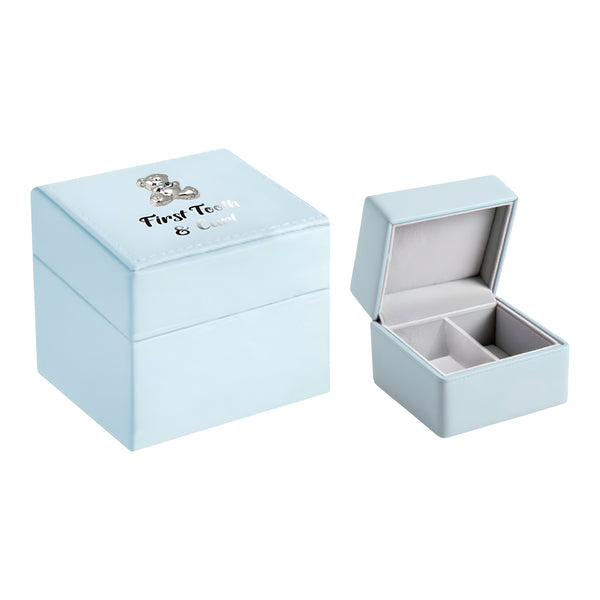 Blue Leather & Silver Teddy Bear Motif Baby Boy First Tooth & Curl Keepsake Box