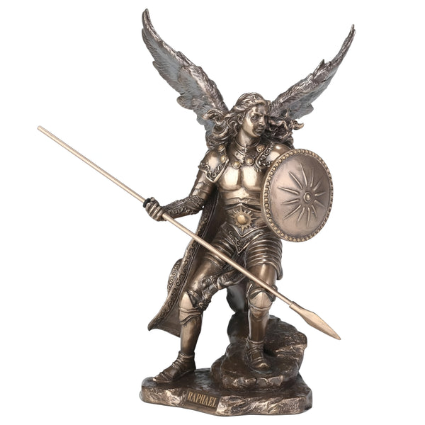 Veronese Bronze Archangel Raphael Holding Shield & Spear Mythology Resin Statue Figurine