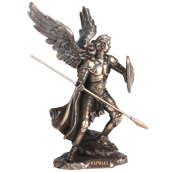 Veronese Bronze Archangel Raphael Holding Shield & Spear Mythology Resin Statue Figurine