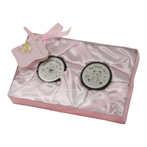 Set 2 Pink Baby Girl Teddy Bear First Tooth & Curl Keepsake In Satin Gift Box PALM GIFTS