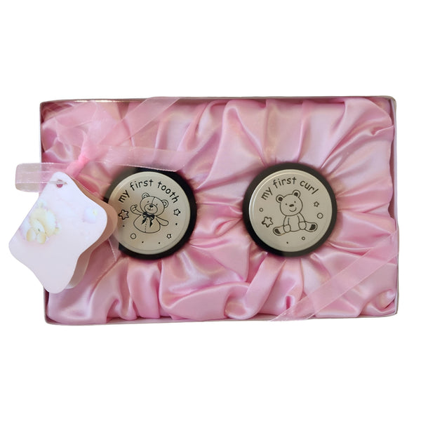Set 2 Pink Baby Girl Teddy Bear First Tooth & Curl Keepsake In Satin Gift Box PALM GIFTS