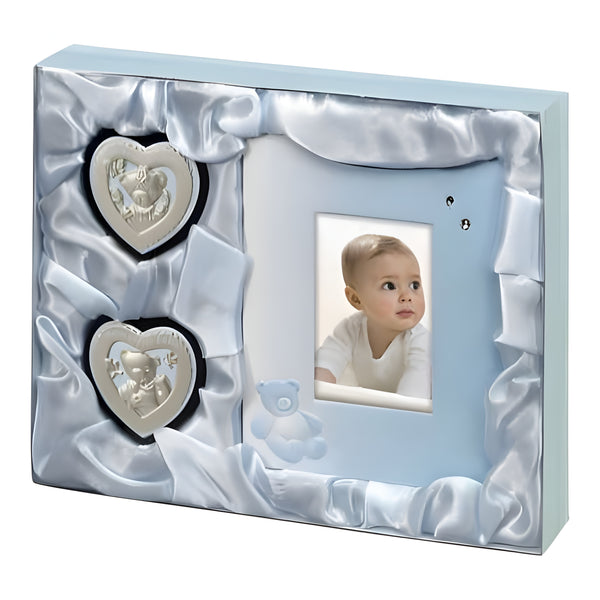 Set 3 Blue Baby Boy Teddy Bear First Tooth, Curl & Photo Frame Keepsake In Satin Gift Box PALM GIFTS