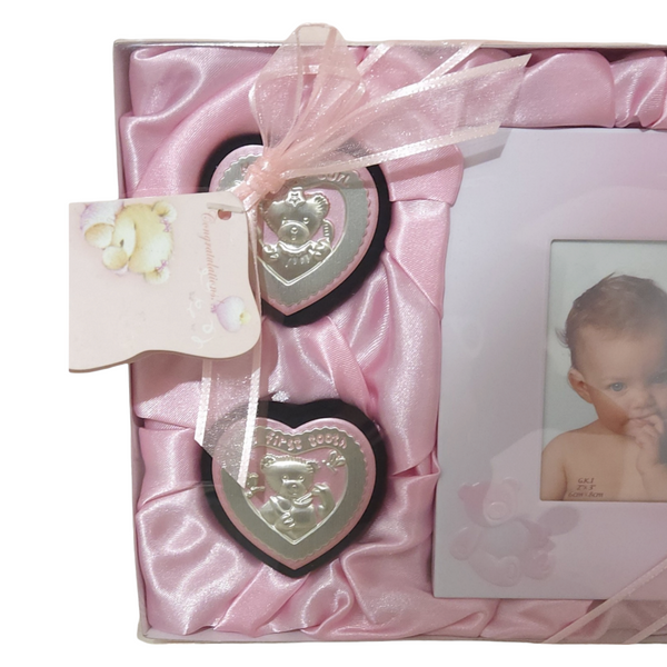 Set 3 Pink Baby Girl Teddy Bear First Tooth, Curl & Photo Frame Keepsake In Satin Gift Box PALM GIFTS