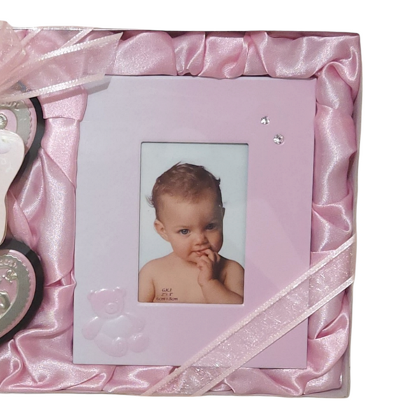 Set 3 Pink Baby Girl Teddy Bear First Tooth, Curl & Photo Frame Keepsake In Satin Gift Box PALM GIFTS