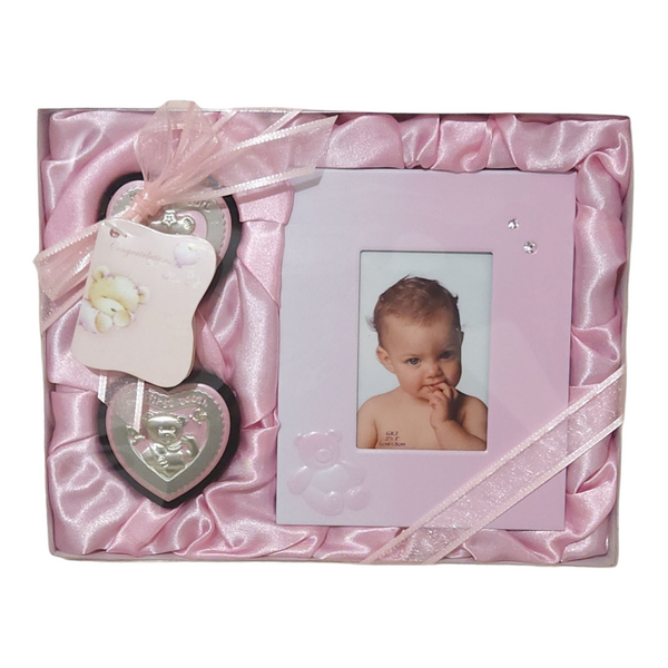 Set 3 Pink Baby Girl Teddy Bear First Tooth, Curl & Photo Frame Keepsake In Satin Gift Box PALM GIFTS