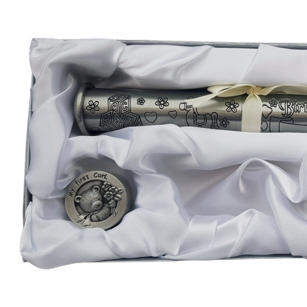 3 Piece silver Pewter Baby Birth Certificate Holder & my first Tooth and my first Curl baby trinket box Set in white satin gift box. Palm Gifts