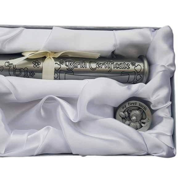 3 Piece silver Pewter Baby Birth Certificate Holder & my first Tooth and my first Curl baby trinket box Set in white satin gift box. Palm Gifts