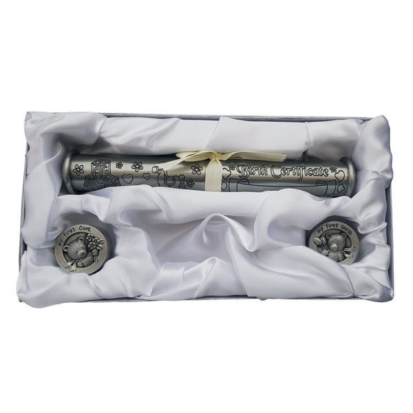 3 Piece silver Pewter Baby Birth Certificate Holder & my first Tooth and my first Curl baby trinket box Set in white satin gift box. Palm Gifts