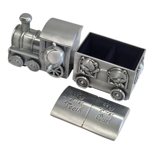 Silver Pewter Teddy Bear Train & Carriage Baby First Tooth & Curl Keepsake In Satin Gift Box PALM GIFTS