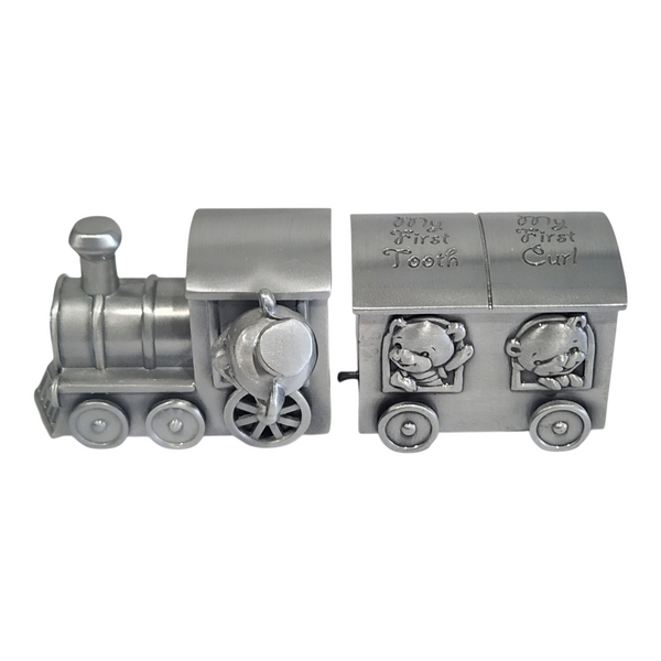 Silver Pewter Teddy Bear Train & Carriage Baby First Tooth & Curl Keepsake In Satin Gift Box PALM GIFTS