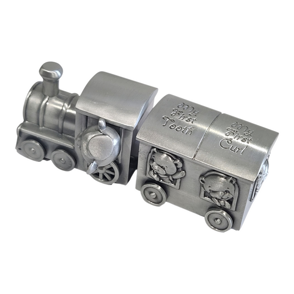 Silver Pewter Teddy Bear Train & Carriage Baby First Tooth & Curl Keepsake In Satin Gift Box PALM GIFTS