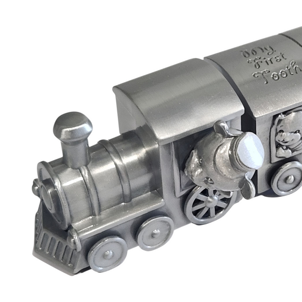 Silver Pewter Teddy Bear Train & Carriage Baby First Tooth & Curl Keepsake In Satin Gift Box PALM GIFTS