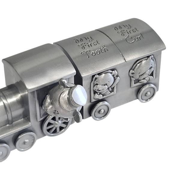 Silver Pewter Teddy Bear Train & Carriage Baby First Tooth & Curl Keepsake In Satin Gift Box PALM GIFTS