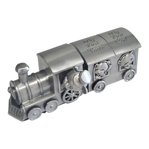 Silver Pewter Teddy Bear Train & Carriage Baby First Tooth & Curl Keepsake In Satin Gift Box PALM GIFTS