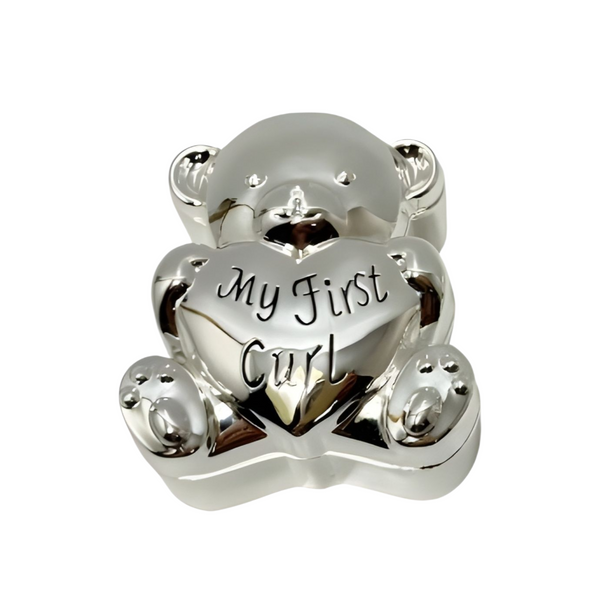 Set 2 Shiny Silver Teddy Bear Holding Love Heart Baby First Tooth & Curl Keepsake In Satin Gift Box PALM GIFTS