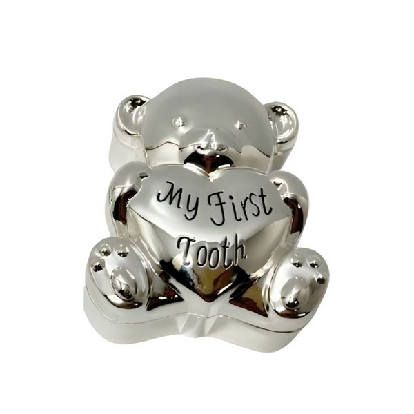 Set 2 Shiny Silver Teddy Bear Holding Love Heart Baby First Tooth & Curl Keepsake In Satin Gift Box PALM GIFTS
