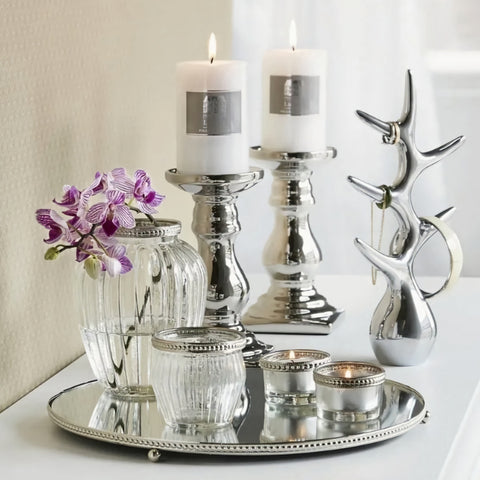 5 Piece Clear Glass Flower Vase, Candle Holders & Decorative Tabletop Mirror Tray Set