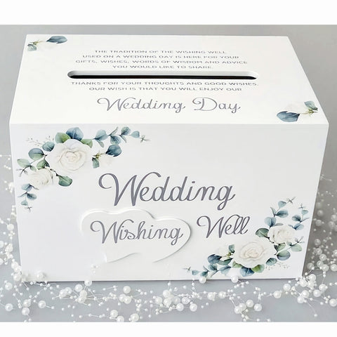 White Wood Floral Design Wedding Wishing Well Gift Card Box