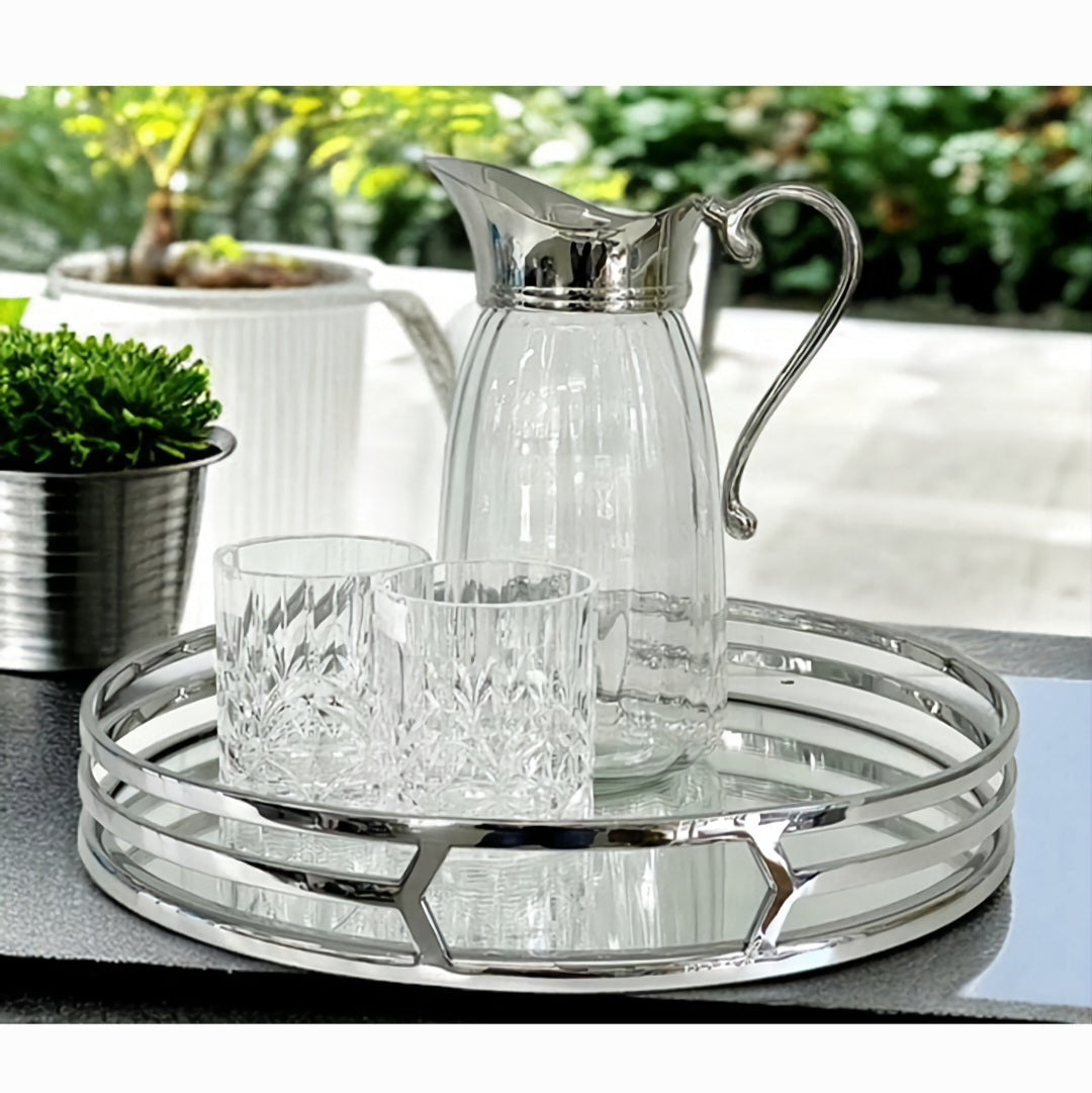 Silver Plated Round Decorative Deluxe Trio Band Mirror Tray