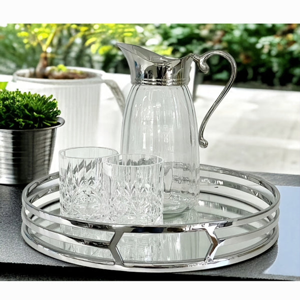 Silver Plated Round Decorative Deluxe Trio Band Mirror Tray