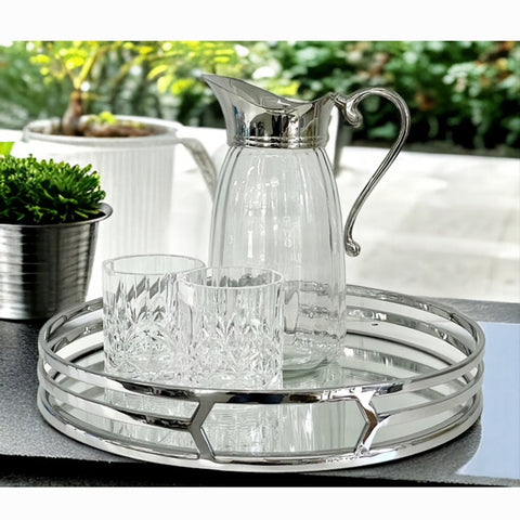 Silver Plated Round Decorative Deluxe Trio Band Mirror Tray