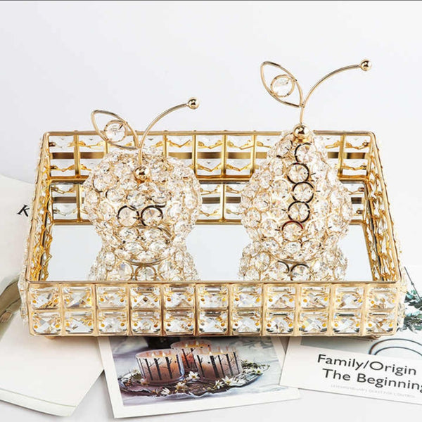 Gold Plated Rectangle Mirror Tray & Sparkling Bevelled Glass Crystal Jewels