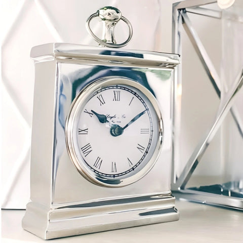 Shiny Silver Plated Rectangle Mantel Clock with White Face