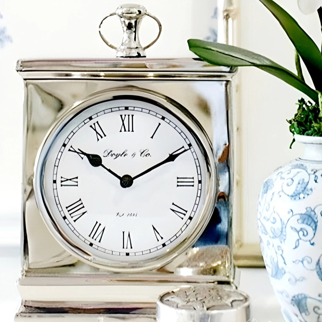 Large Shiny Silver Plated Rectangle Mantel Clock with White Face
