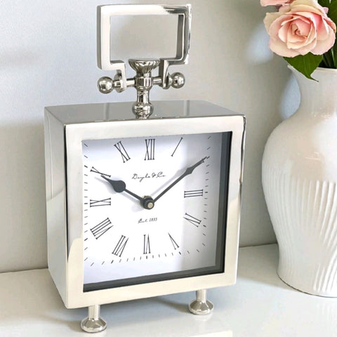 Shiny Silver Plated Square Cube Footed Mantel Clock