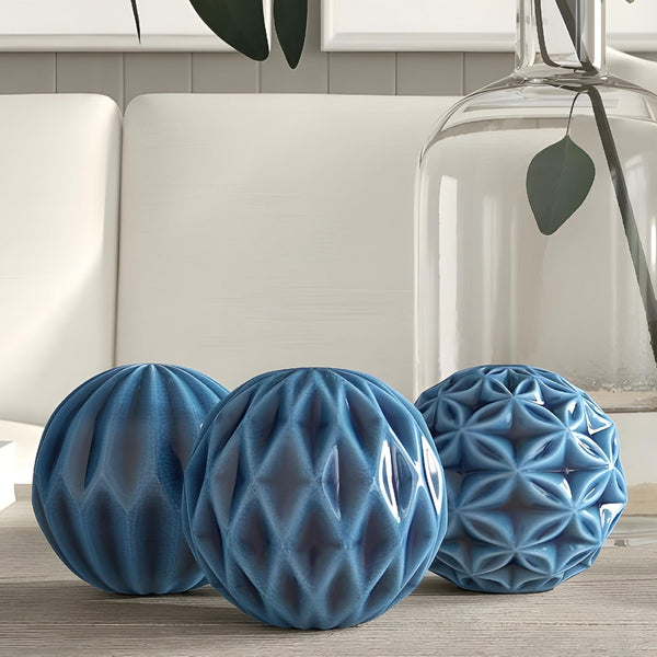 Set 3 Blue Marbleized Ceramic Decorative Tabletop Balls Ornaments Home Decor Palm Gifts