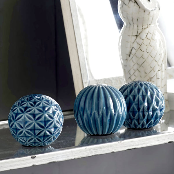Set 3 Blue Marbleized Ceramic Decorative Tabletop Balls Ornaments Home Decor Palm Gifts