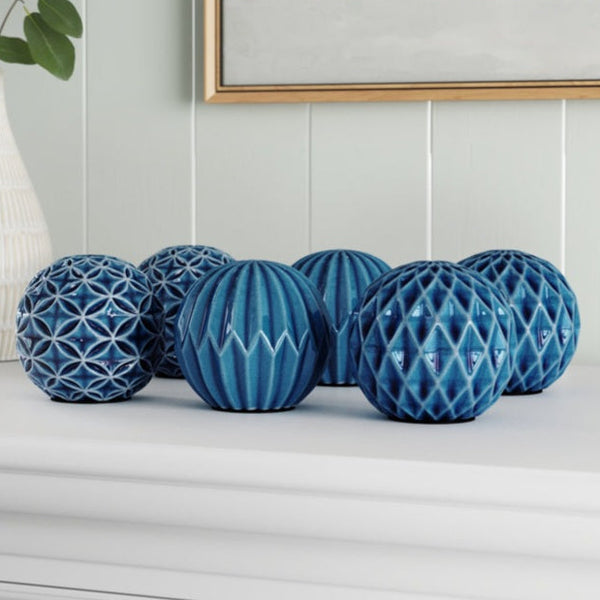 Set 3 Blue Marbleized Ceramic Decorative Tabletop Balls Ornaments Home Decor Palm Gifts
