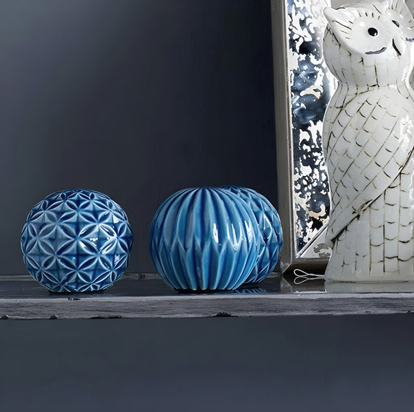 Set 3 Blue Marbleized Ceramic Decorative Tabletop Balls Ornaments Home Decor Palm Gifts