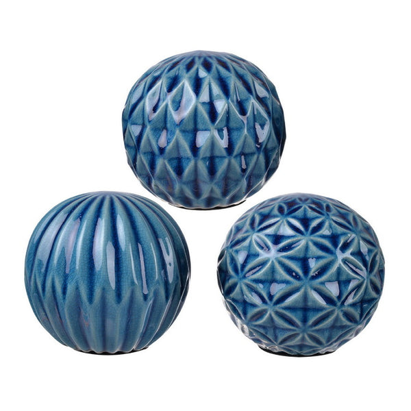 Set 3 Blue Marbleized Ceramic Decorative Tabletop Balls Ornaments Home Decor Palm Gifts