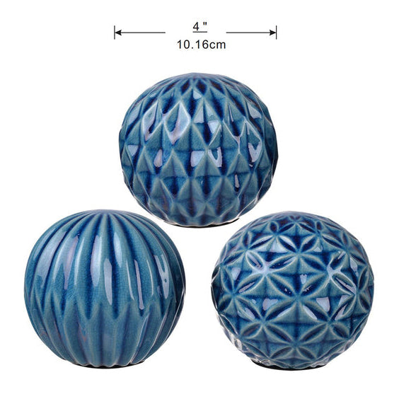 Set 3 Blue Marbleized Ceramic Decorative Tabletop Balls Ornaments Home Decor Palm Gifts