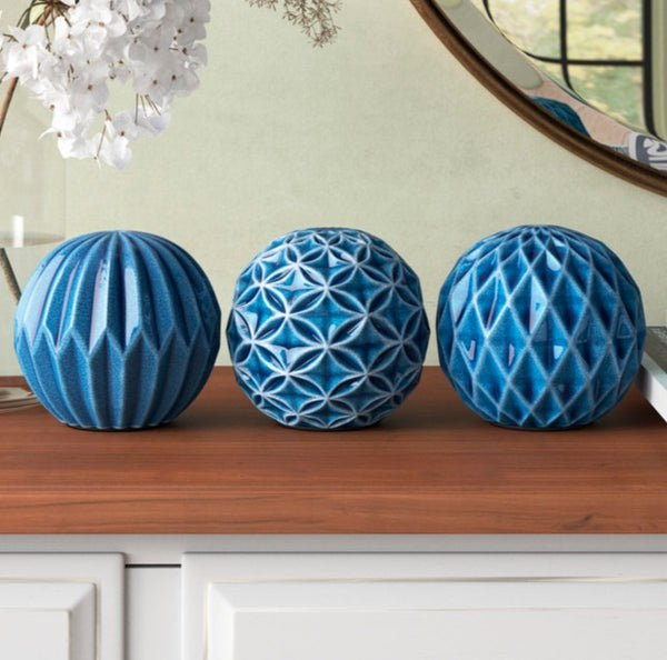 Set 3 Blue Marbleized Ceramic Decorative Tabletop Balls Ornaments Home Decor Palm Gifts