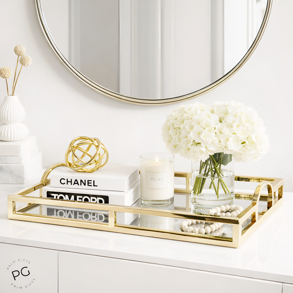 Gold Plated Rectangle Decorative Deluxe Mirror Tray with Arch Handles