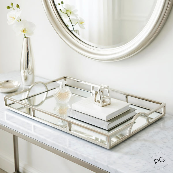 Large Silver Plated Rectangle Decorative Deluxe Mirror Tray with Arch Handles