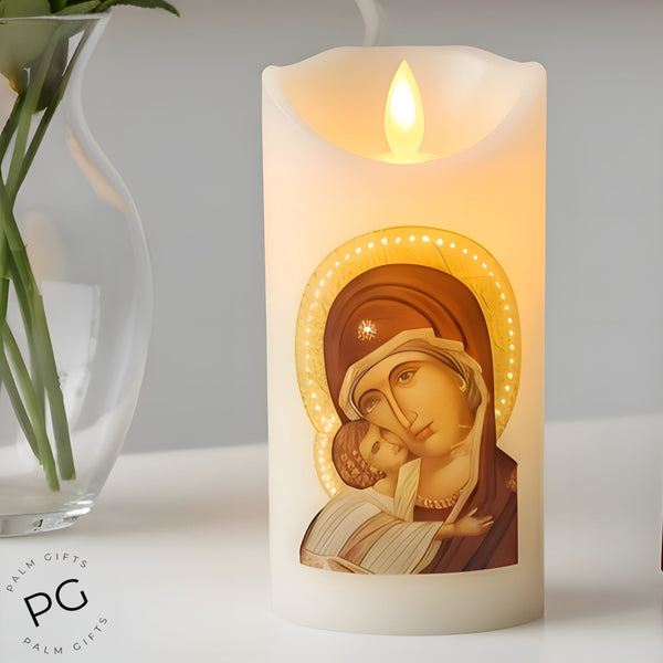 Orthodox Holy Mother Mary & Jesus LED Light Up Flameless Pillar Candle