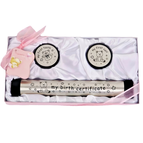 Set 3 Pink Baby Girl Birth Certificate Holder, First Tooth & Curl Keepsake In Satin Gift Box
