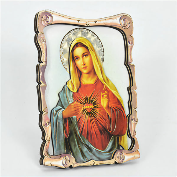 Religious Catholic Christian Colour Wooden Wood 3D Sacred Heart Holy Virgin Mother Mary Icon Plaque picture Stand