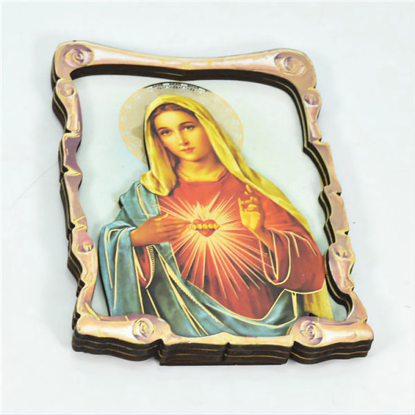 Religious Catholic Christian Colour Wooden Wood 3D Sacred Heart Holy Virgin Mother Mary Icon Plaque picture Stand