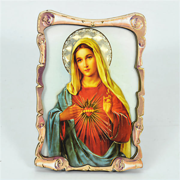 Religious Catholic Christian Colour Wooden Wood 3D Sacred Heart Holy Virgin Mother Mary Icon Plaque picture Stand