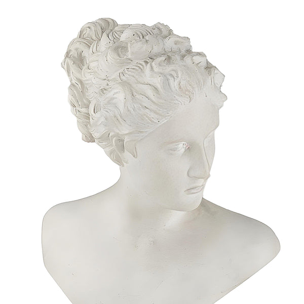A white resin bust statue of a woman with flowing drapery, representing a mythological figure, intended for home decor.